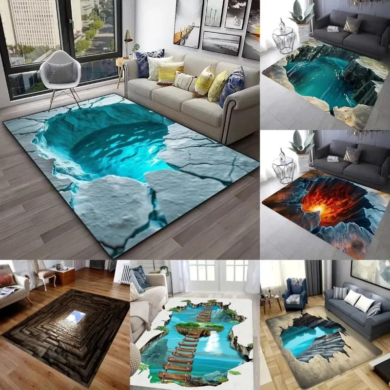 3D Desert Crack Water Fire Design Rug Non-Slip Machine Washable Carpet - Image 1