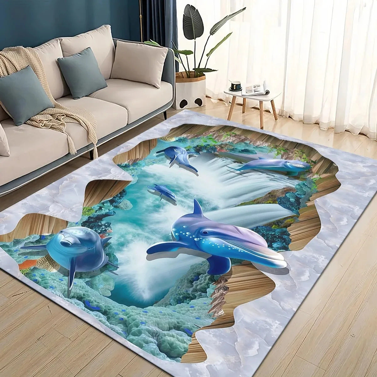 Ocean Dolphin 3D Bedside Rug Flannel Non Slip Soft Bedroom Floor Mat - Image 7