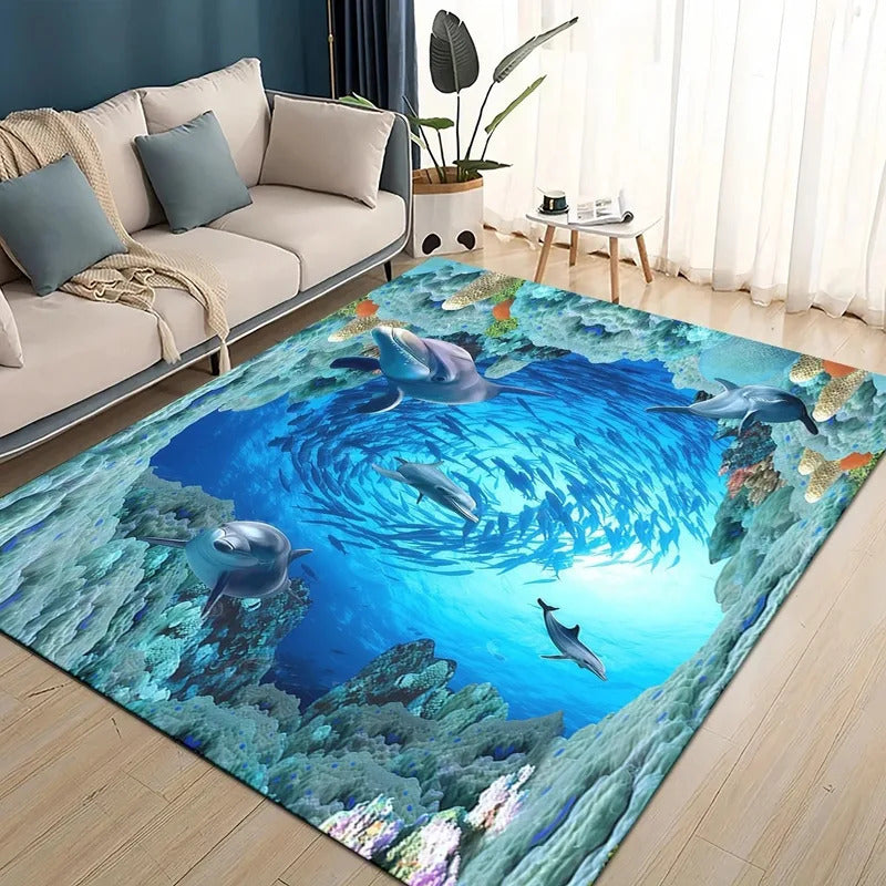 Ocean Dolphin 3D Bedside Rug Flannel Non Slip Soft Bedroom Floor Mat - Image 1